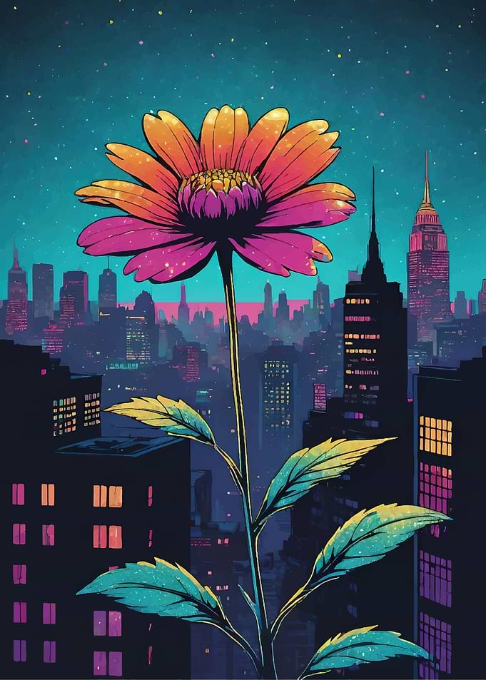 Flower over New York City skyline