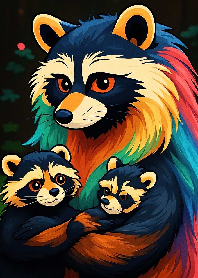 Colorful Raccoon Family Portrait