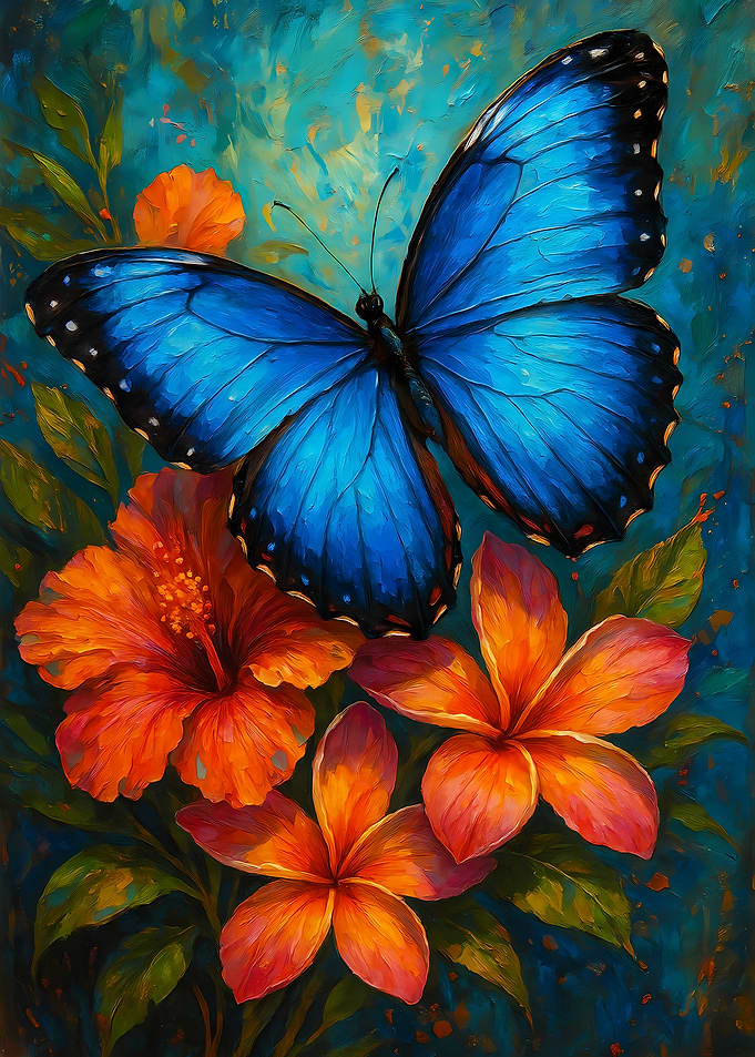 Blue Butterfly and Orange Flowers Painting