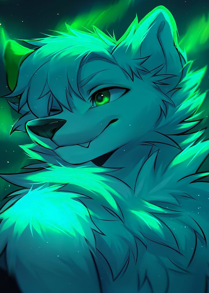 Furry Wolf Character with Green Aurora game