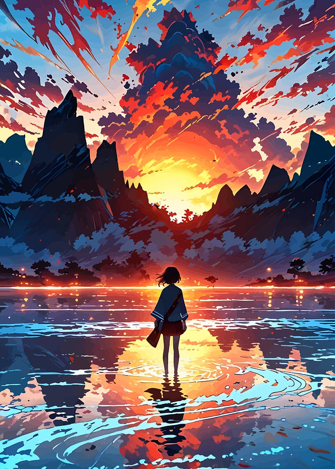 Anime Girl at Sunset Lake