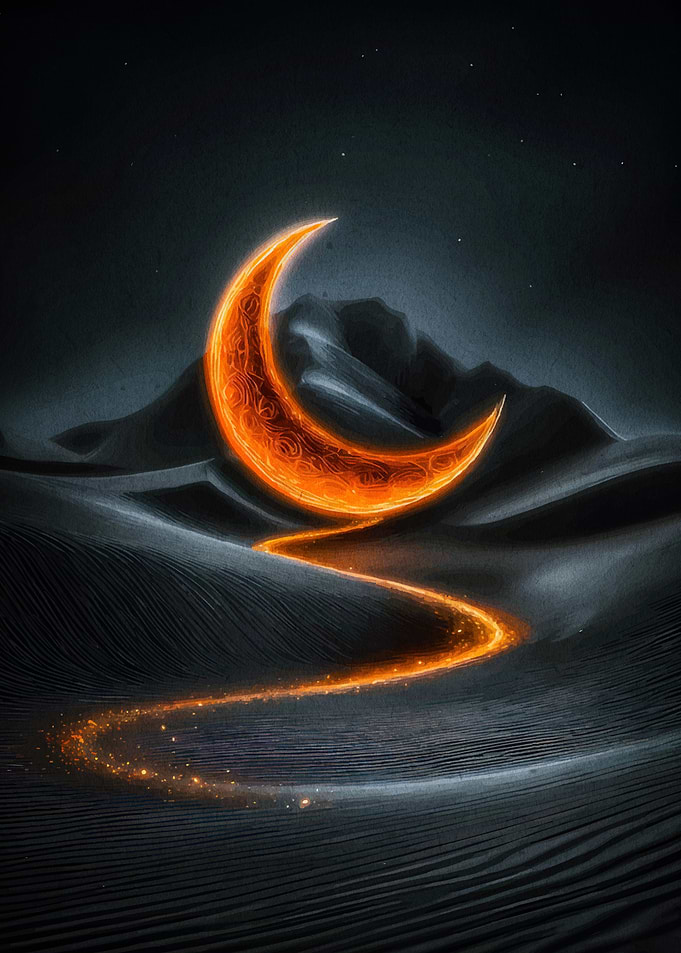 Glowing Crescent Moon Dark Landscape