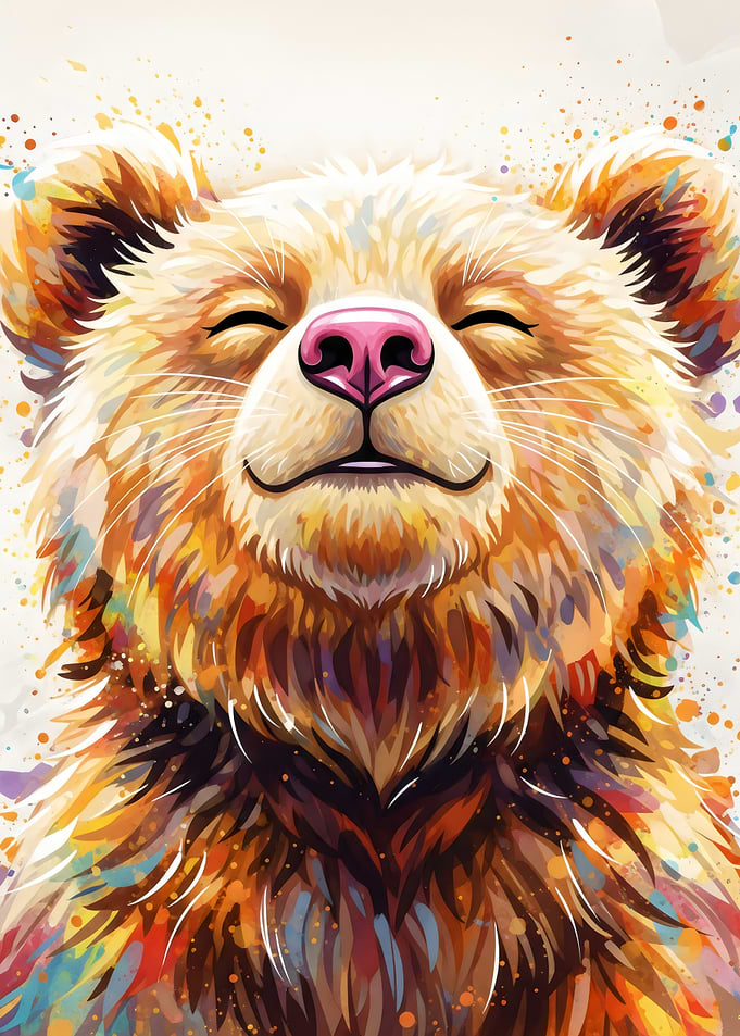 Smiling Bear Portrait with Watercolor Effect