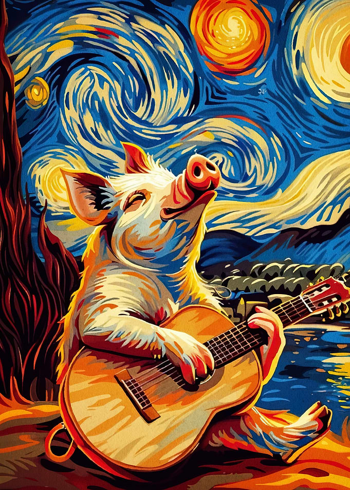 Pig playing guitar Van Gogh