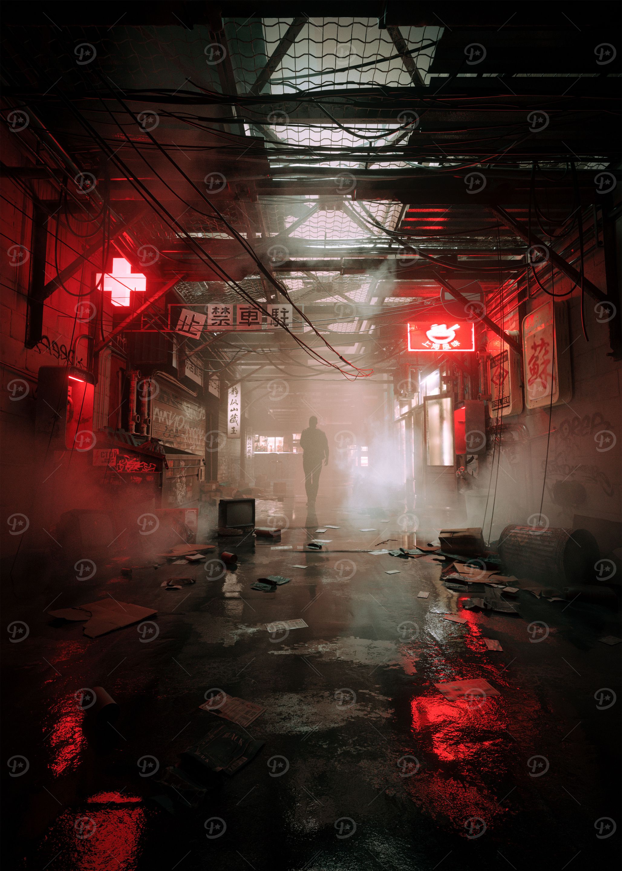 Cyberpunk Alleyway with Figure and Neon