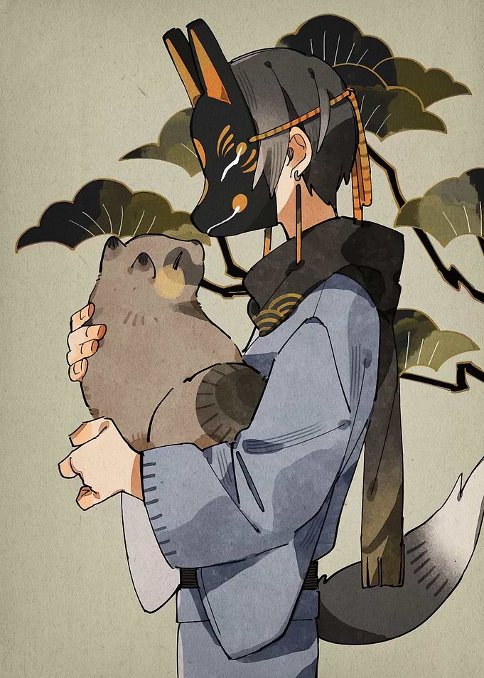 Anime character with fox mask and tanuki