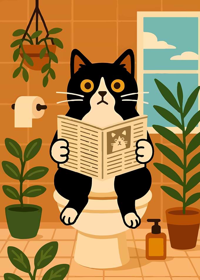 Cat Reading Newspaper on Toilet