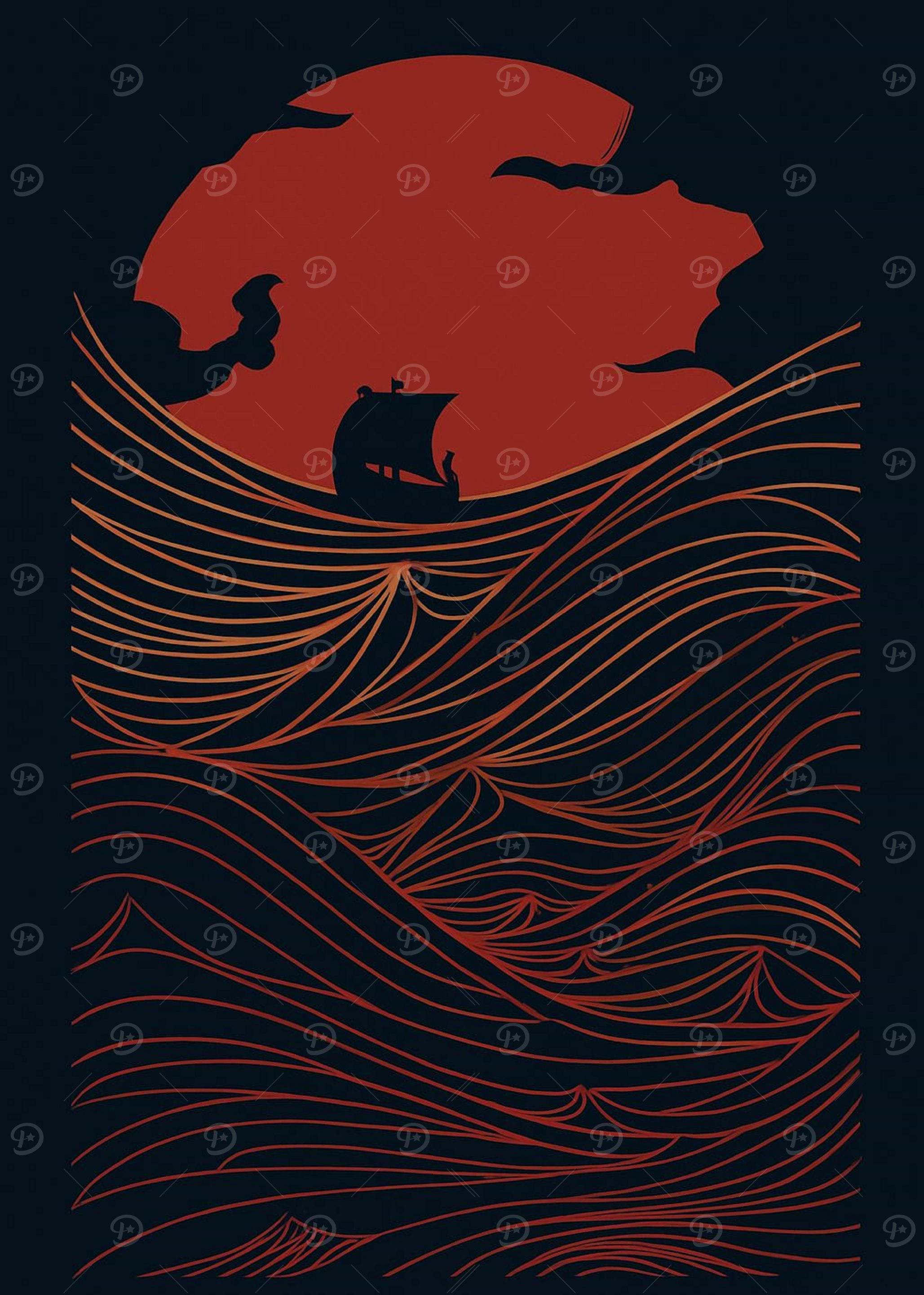 Silhouette Ship Sailing on Wavy Sea