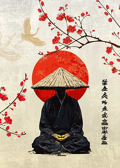 Japanese Monk with Red Sun and Cranes