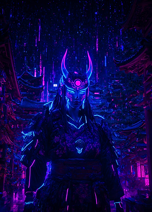 Cyberpunk Style Samurai Oni Girl in Neon City Japan