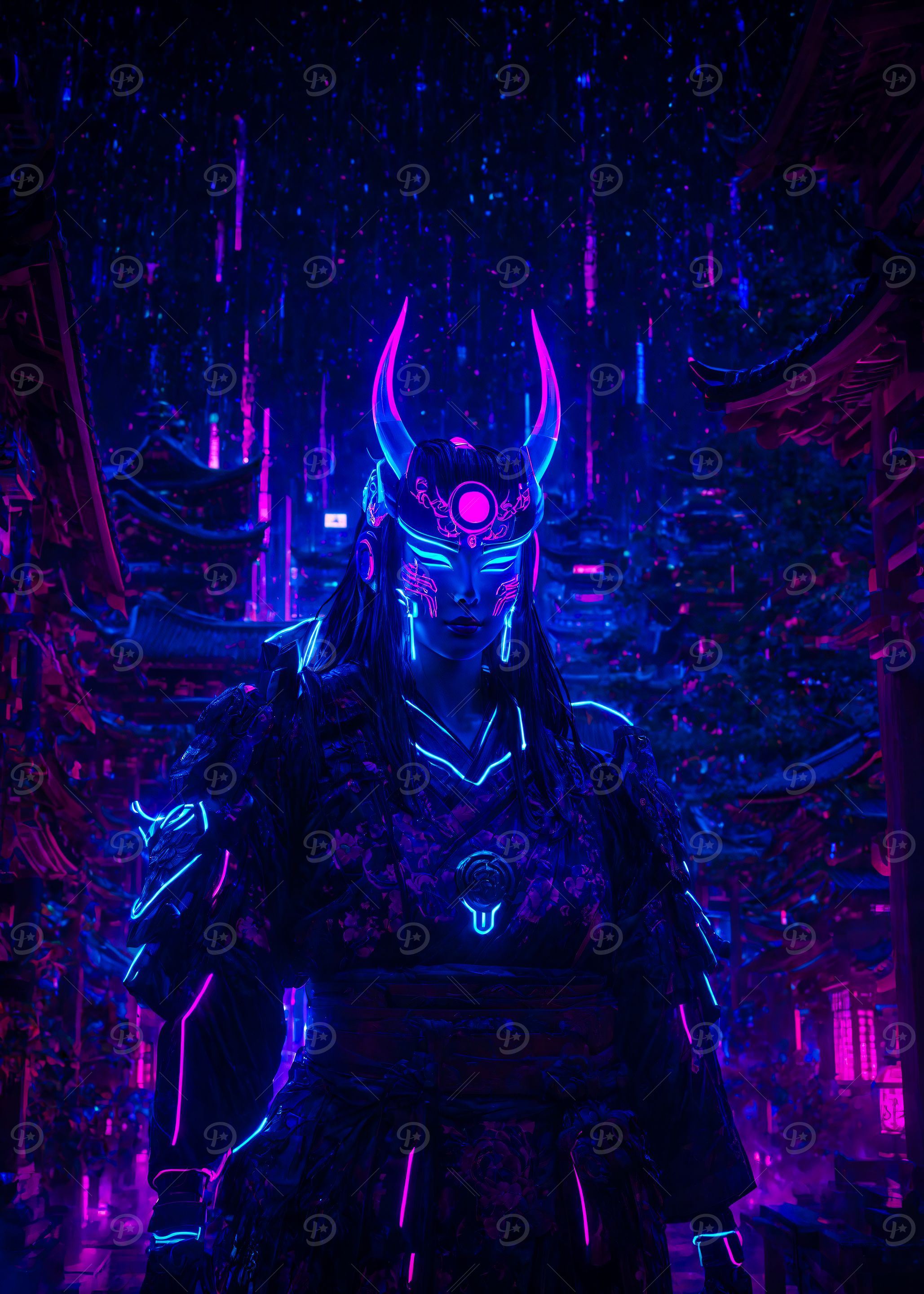 Cyberpunk Style Samurai Oni Girl in Neon City Japan