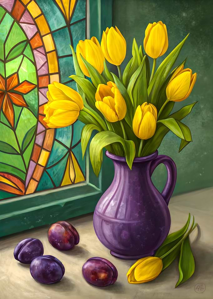 Still Life: Tulips, Plums, Stained Glass