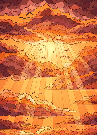 Golden Sky with Clouds and Birds