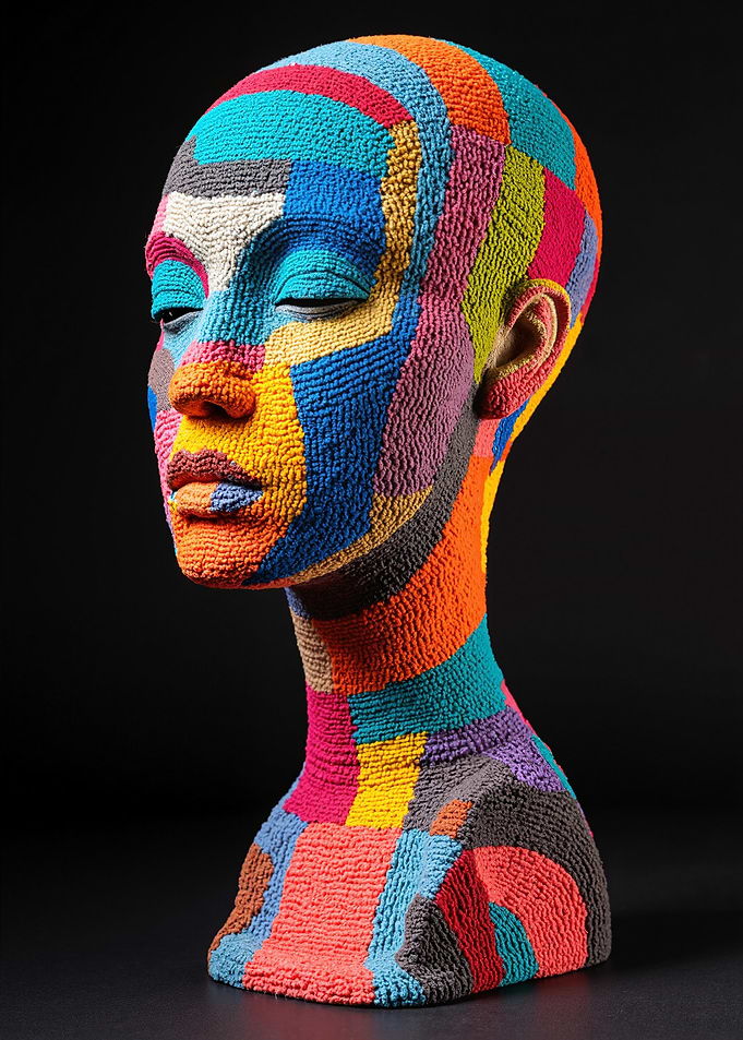 Colorful Textured Human Head Sculpture
