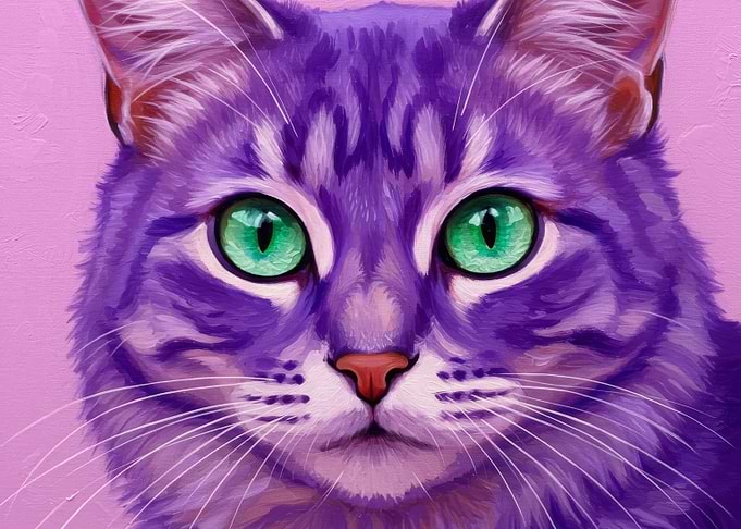 Purple Cat Portrait with Green Eyes