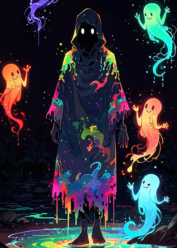 Colorful Ghostly Figure with Floating Spirits