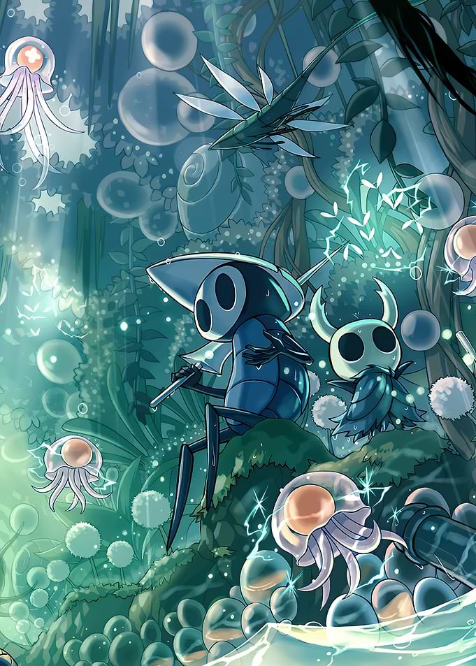Hollow Knight characters in a blue forest