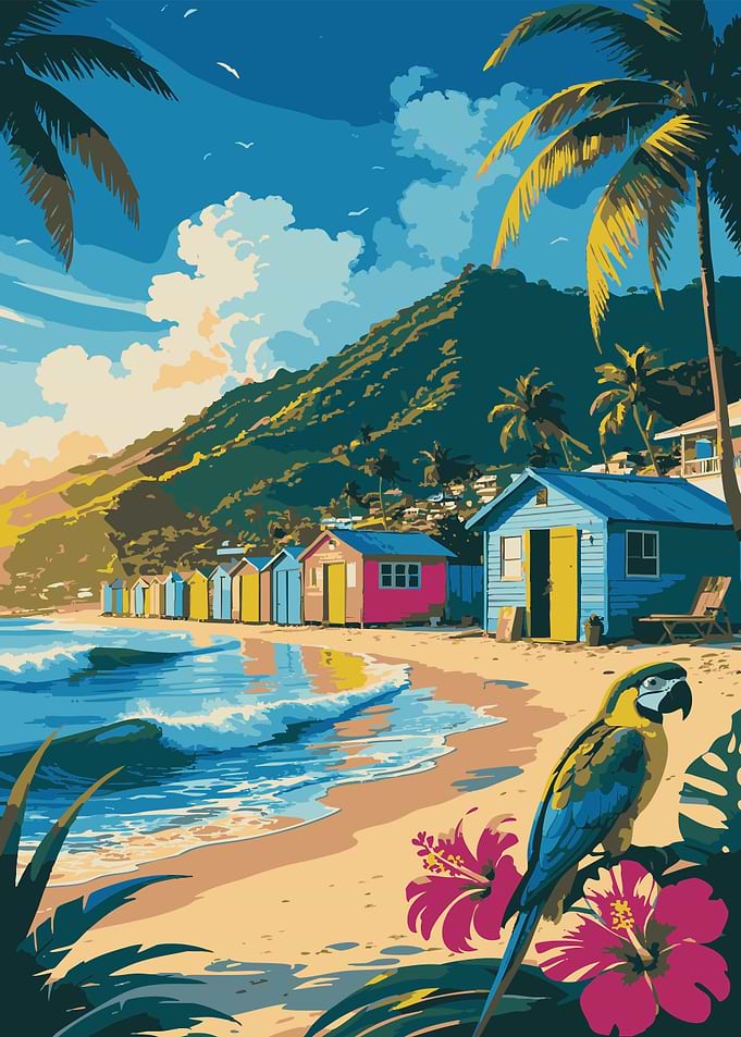 Tropical Beach with Colorful Huts and Parrot