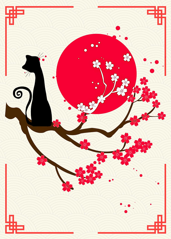 Black Cat on Cherry Blossom Branch