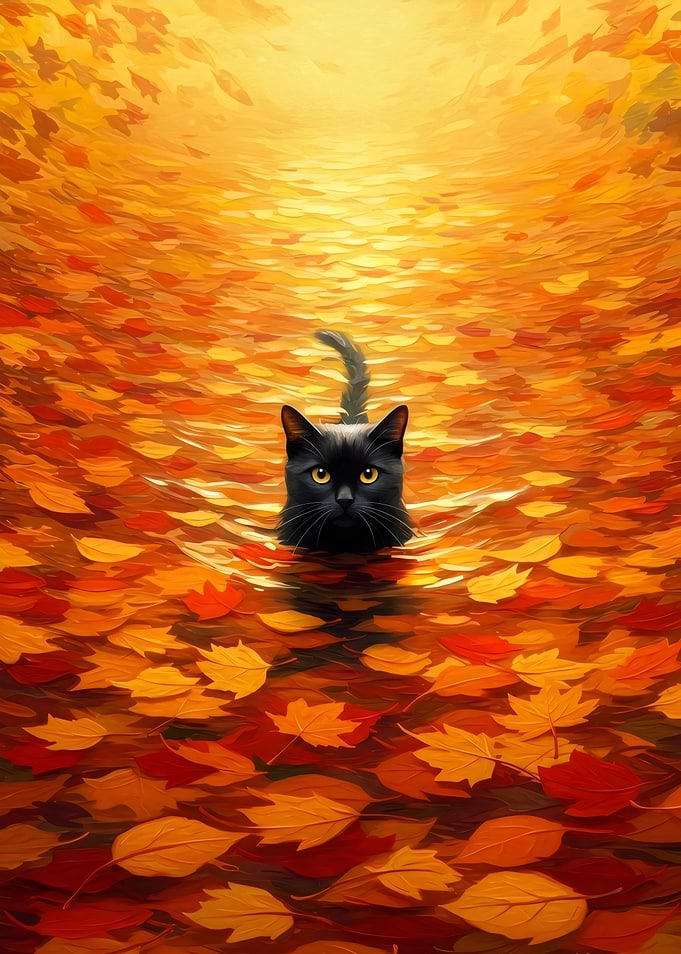 Black Cat in Autumn Leaves