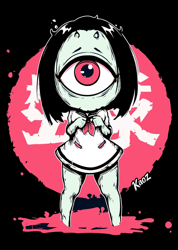 One-Eyed Schoolgirl with Japanese Text