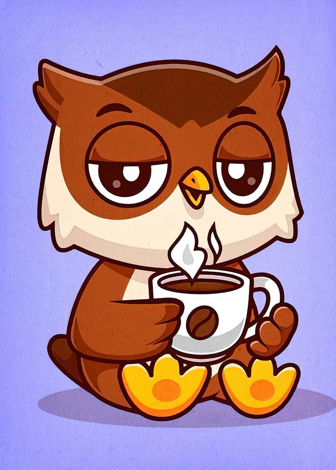 Sleepy Owl with Coffee Cartoon Illustration