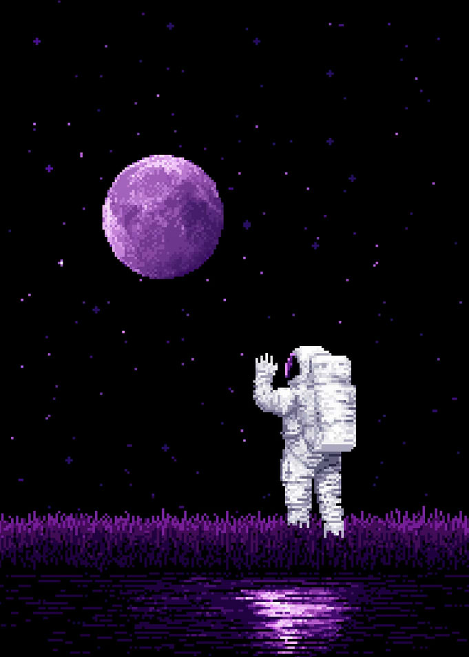 Astronaut Waving at Purple Moon Pixel Art