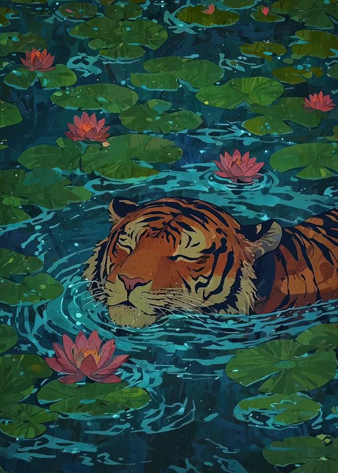 Tiger Swimming in Lily Pond Illustration