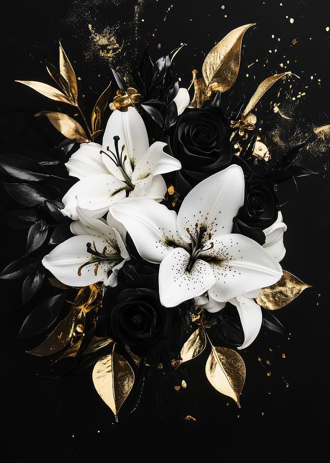 Elegant Floral Arrangement: Black, White, and Gold