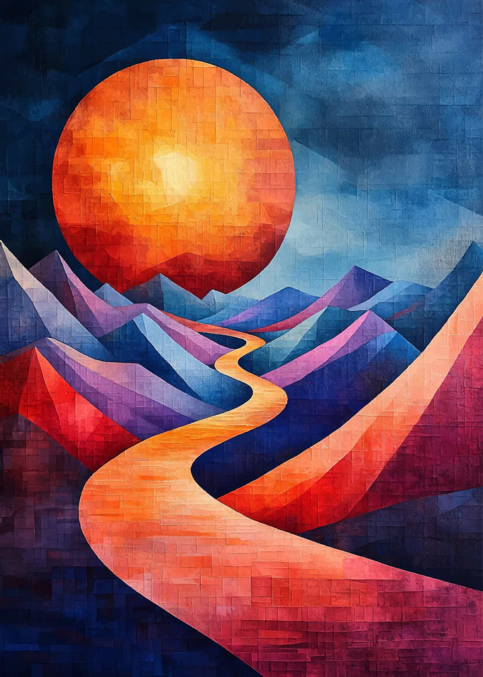 Colorful Mountain Landscape with Sun