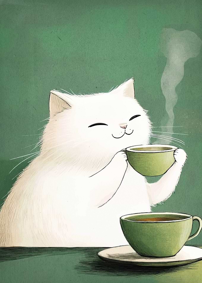Cat enjoying tea time illustration