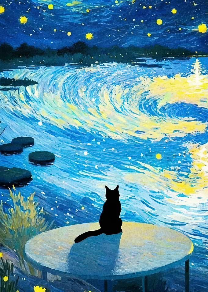 Cat gazing starry night