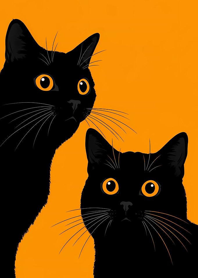 Two Black Cats on Orange Background