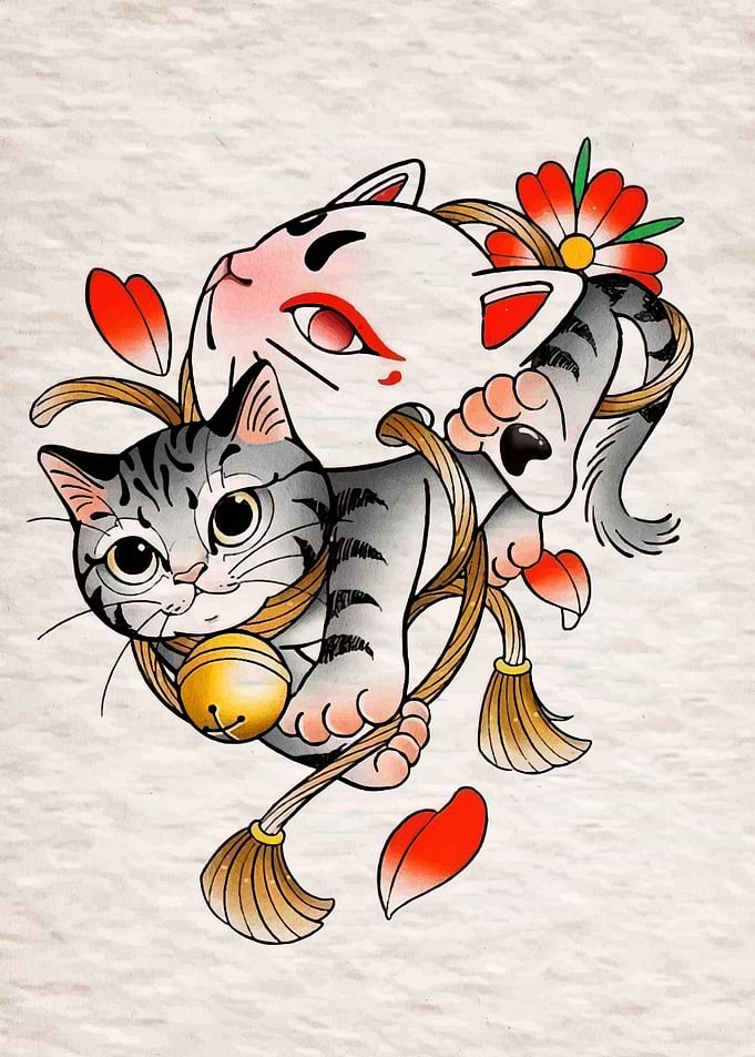 Cat and Kitsune Mask Illustration