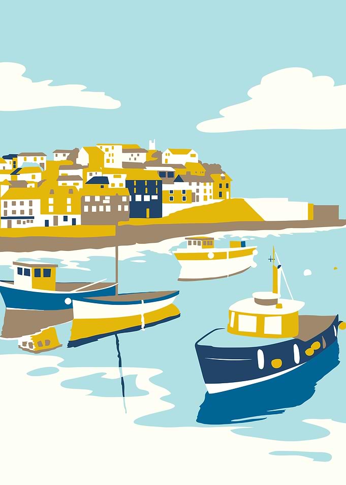 Coastal Village with Boats Illustration