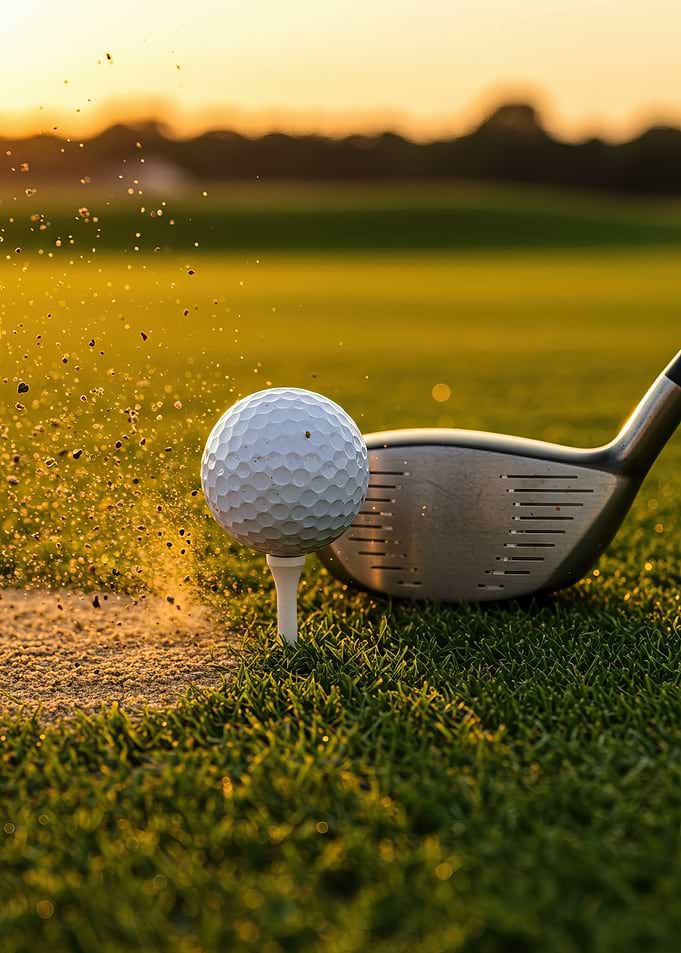 Golf ball on tee with club