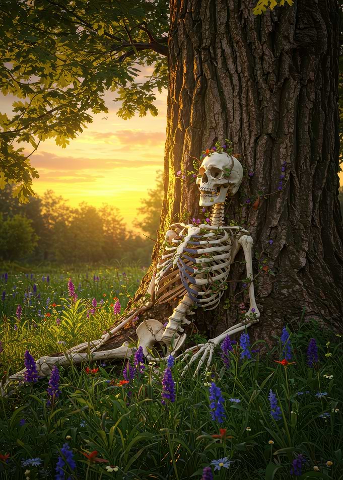 Skeleton Resting by Tree at Sunset