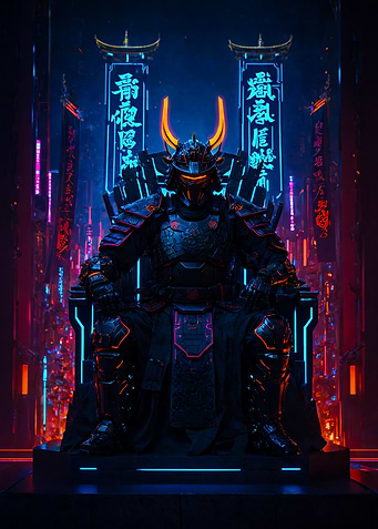 Cyberpunk Style Samurai Shogun on Throne