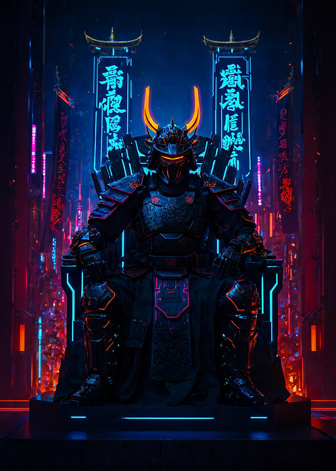 Cyberpunk Style Samurai Shogun on Throne