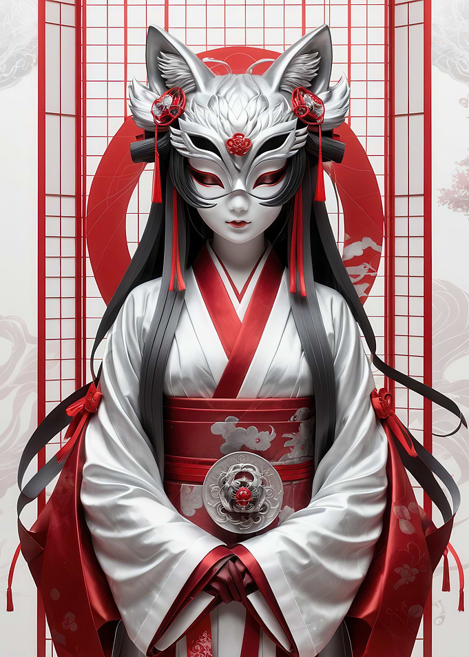 Fox-Masked Geisha Portrait in Red and White Kimono — Stylized Anime Illustration