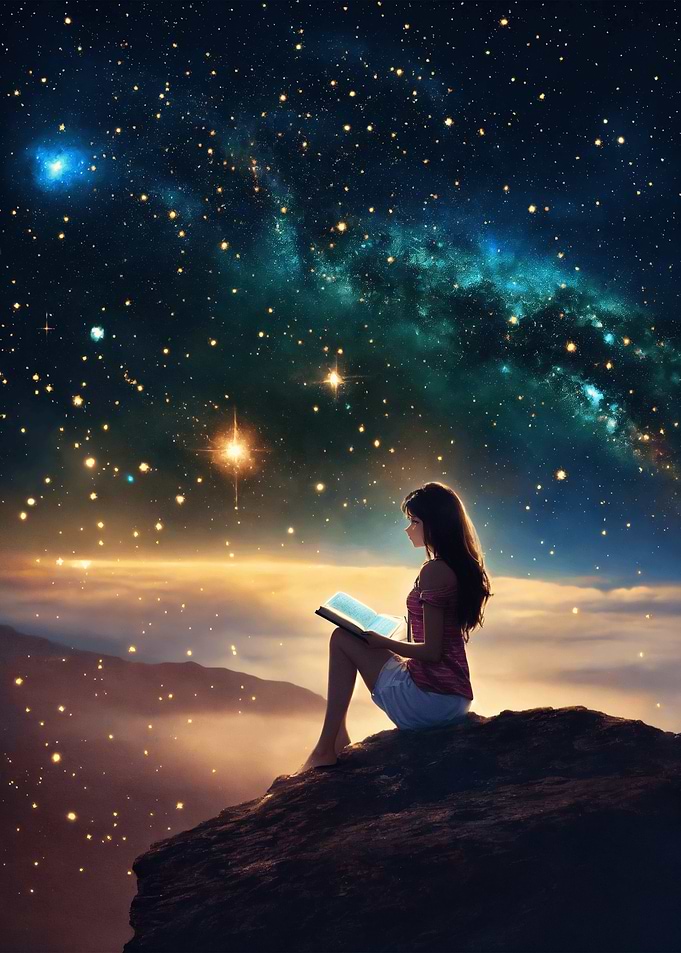 Girl Reading Under Starry Night Sky