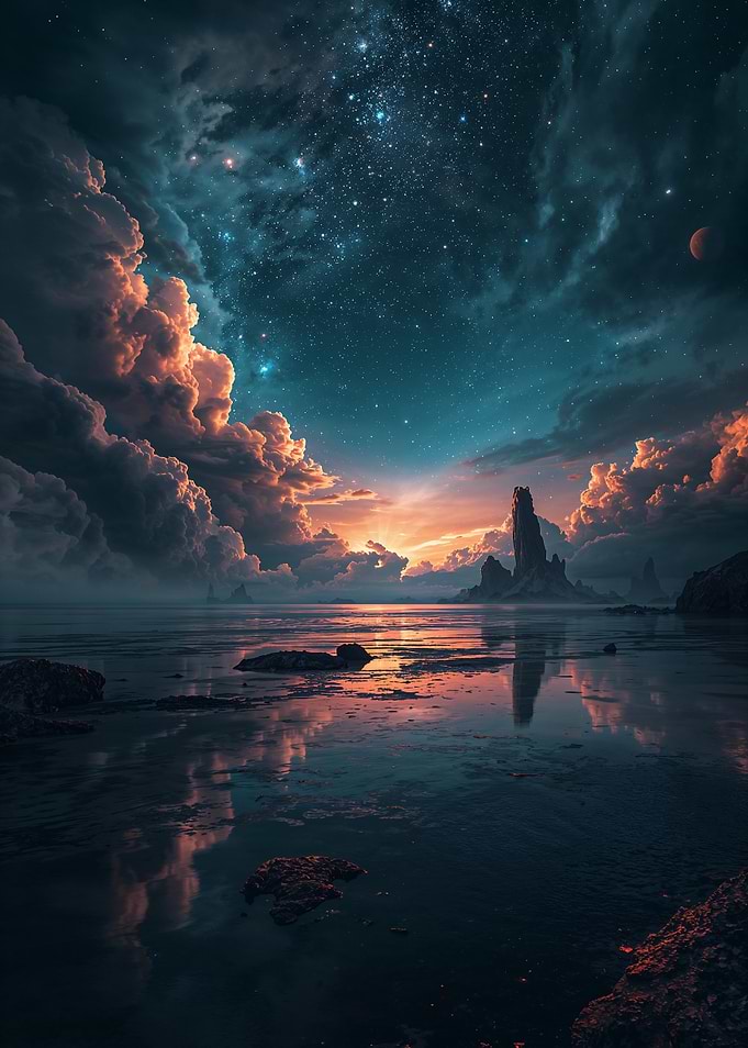 Dramatic Coastal Landscape with Starry Sky