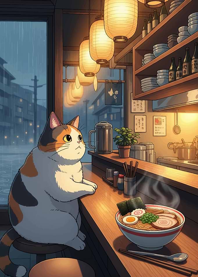 Cat at Ramen Bar on Rainy Day