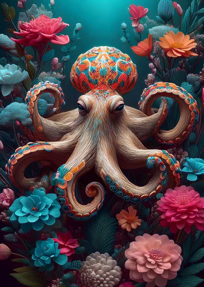 Octopus in a Floral Garden