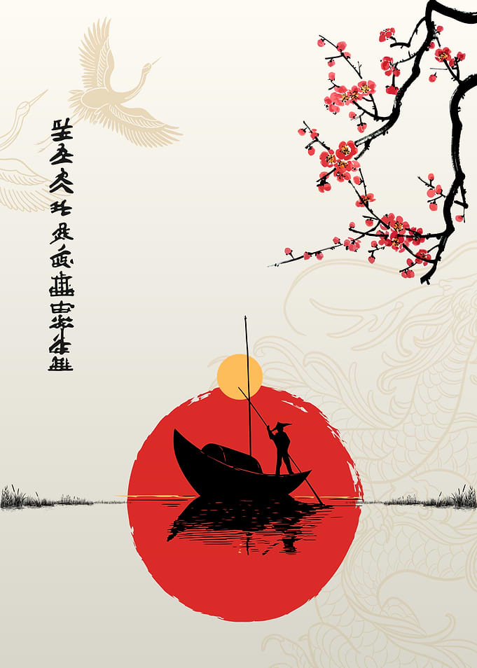 Japanese Boat Scene with Cranes