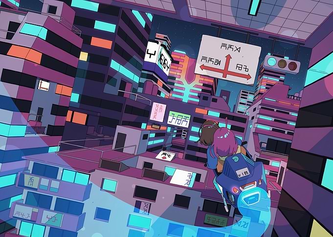Cyberpunk Cityscape with Motorcycle Ride