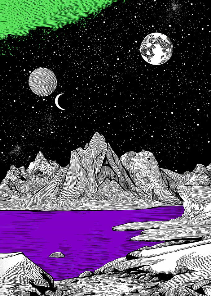 Surreal Mountain Landscape with Purple Lake