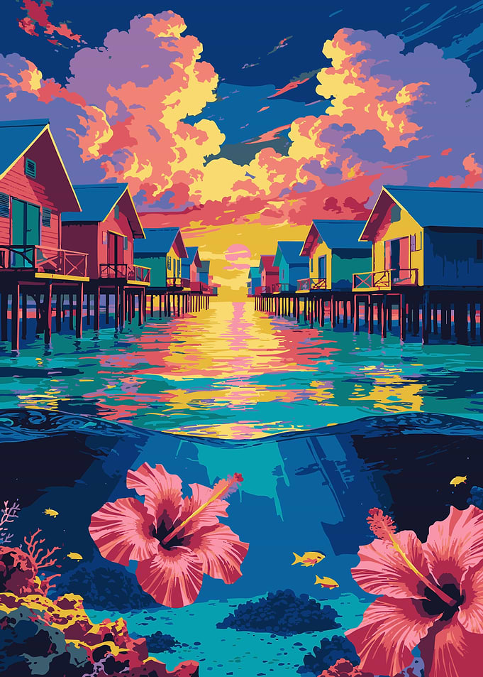 Tropical Overwater Bungalows with Underwater Scene
