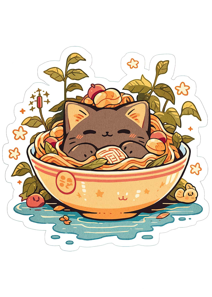 Cute Cat in Ramen Bowl Illustration