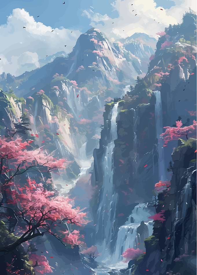 Mountain Waterfall with Cherry Blossoms